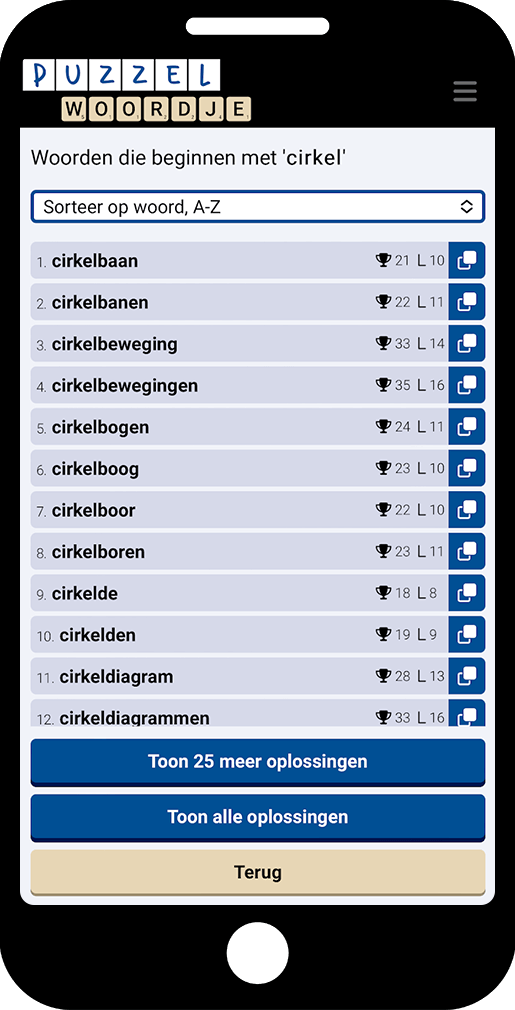 Puzzelwoordenboek App, woorden die beginnen met