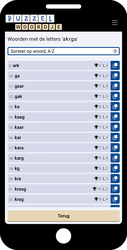Puzzelwoordenboek App, woorden met de letters
